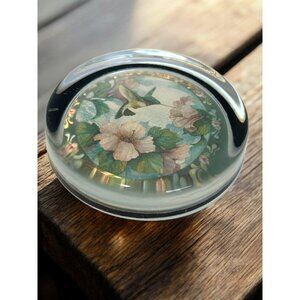 Glass Paperweight With Hummingbird & Floral Design - Round With Black Felt Base